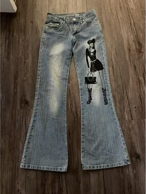 Y2K Trendy Girl Design Flared Jeans Sz 24 Light Blue Chic